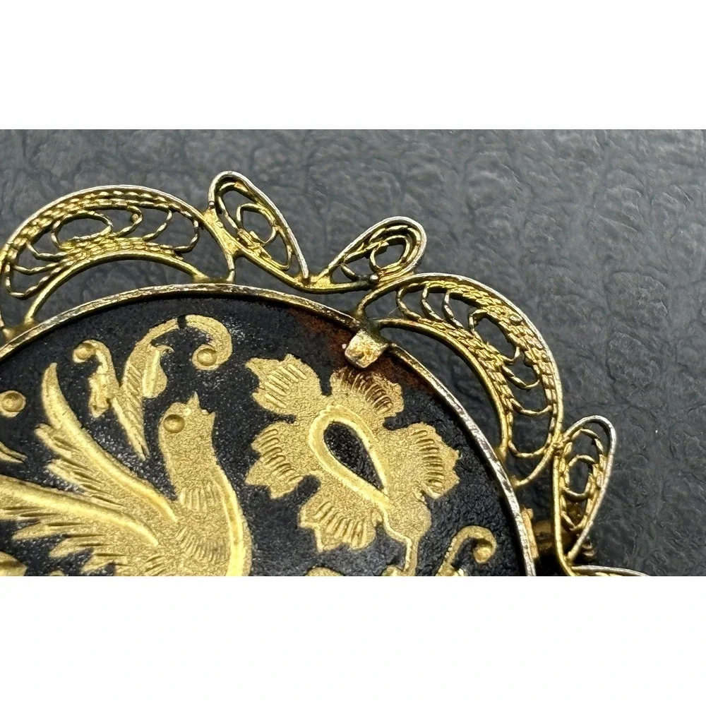 Vintage Damascene Bird Black Enamel Flower Brooch Filigree Gold Tone